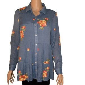 Figueroa & Flower Embroidered Peplum Button Top Shirt‎  Blue Floral Small NWT